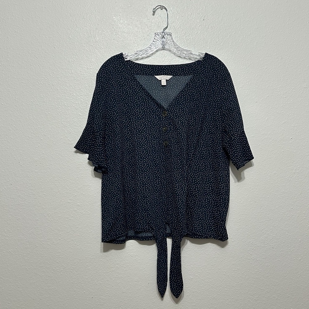 Lauren Conrad Blue Polka Dot Quarter Button Tie Waist Blouse Women's Size XXL‎